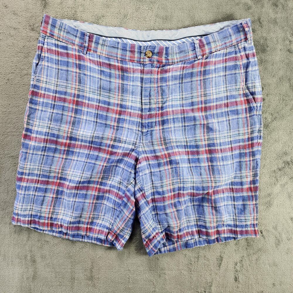 Peter Millar Shorts Mens 38 Blue Red Madras Plaid 100% Linen Zip Fly Golf Summer